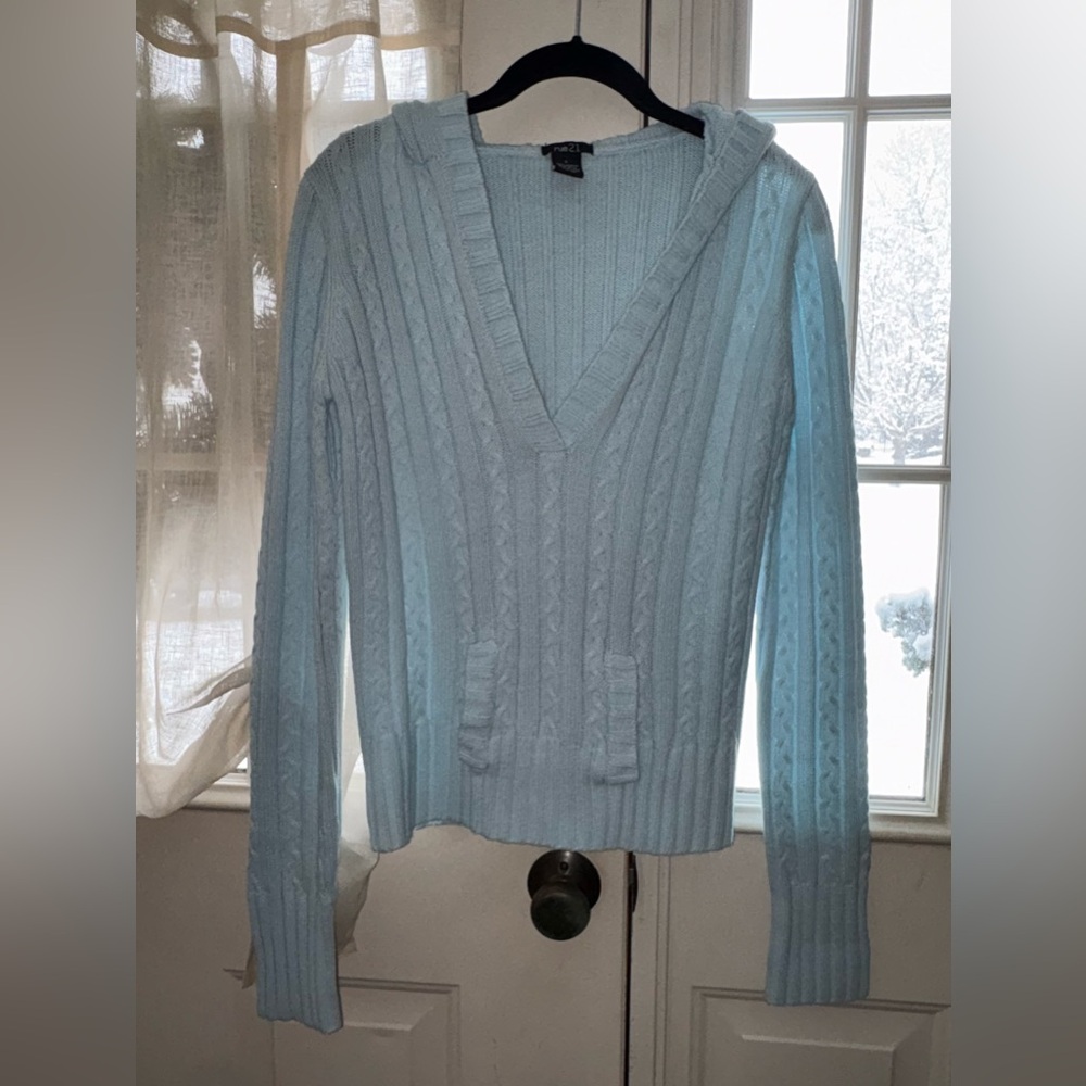 Rue 21 Light Blue V-Neck Cable Knit Hooded Sweater Large